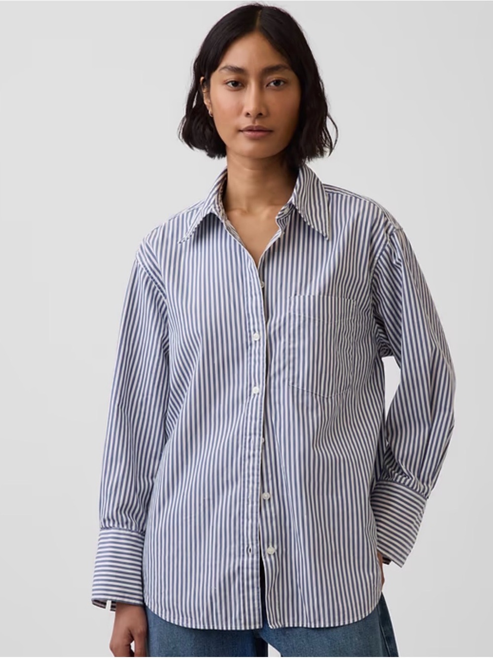 Gap Poplin Perfect Striped Blue and White Women’s Button-Up Shirt 100% Cotton